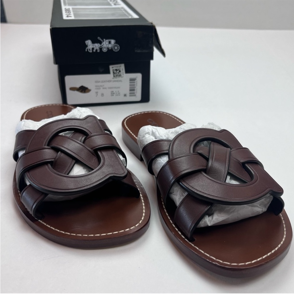Coach Issa Sandal Womens Size 7 Brown Walnut Leather Flat Strappy Slide New